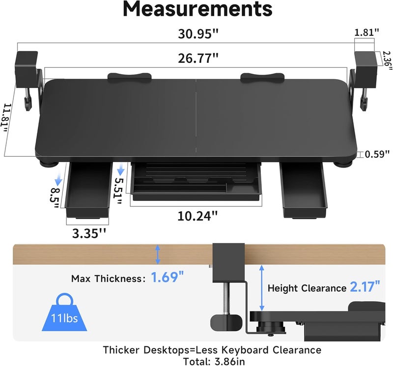 Xinlei Keyboard Tray Under Desk with Storage Drawer Large C-Clamp 26.7”(31” Including Clamps) x 11.8” Slide-Out Platform Computer Drawer Pull Out Keyboard & Mouse Tray DSF7CT - Image 2